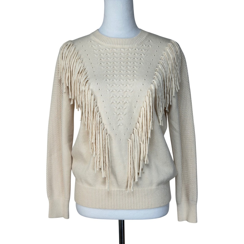 Chouyatou Women Sweater M Cream Fringe Pointelle Knit Long Sleeve QMDJL391